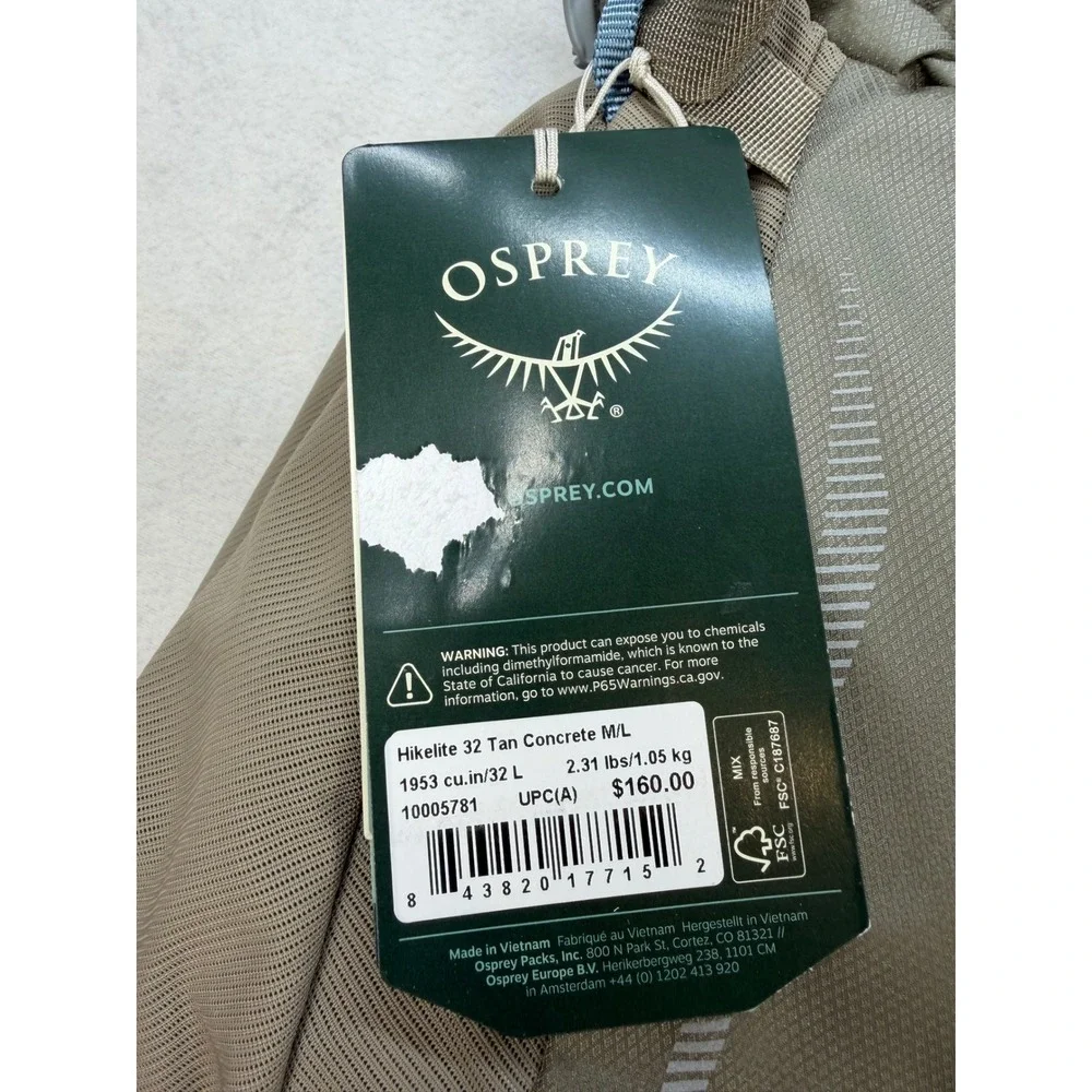 Osprey Hikelite 32L Hiking Backpack Concrete Grey New with Tags $160 retail